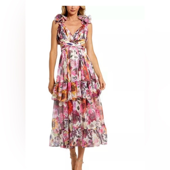 Mac DuggalRuffle Tiered Cut-Out Floral Chiffon Dress size 6